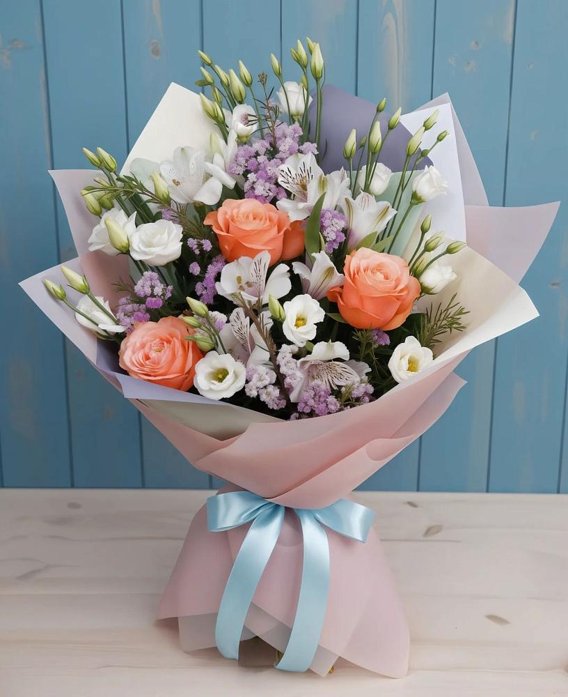 Букет цветов из: Лизиантусы, Розы, Альстромерии и Гипсофила в Сосново-Озерском