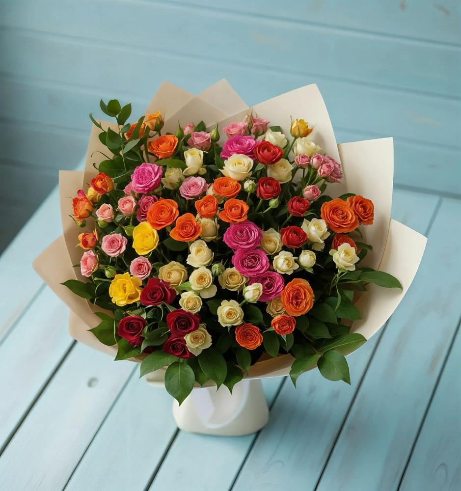 Букет Микс из разноцветных кустовых роз в Сосново-Озерском
