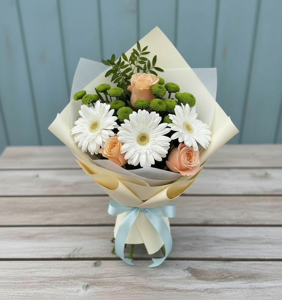 Букет цветов из: Герберы, Розы и Хризантемы в Сосново-Озерском
