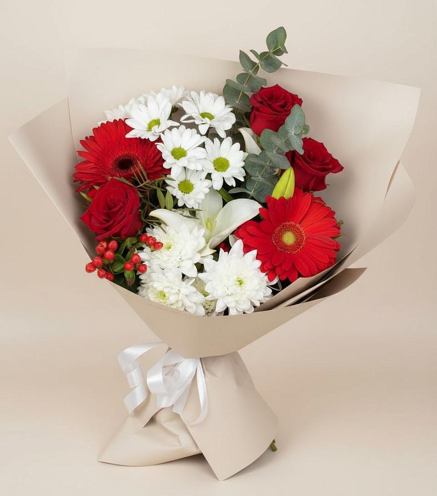 Букет цветов из: Розы, Хризантемы, Герберы и Лилии в Сосново-Озерском