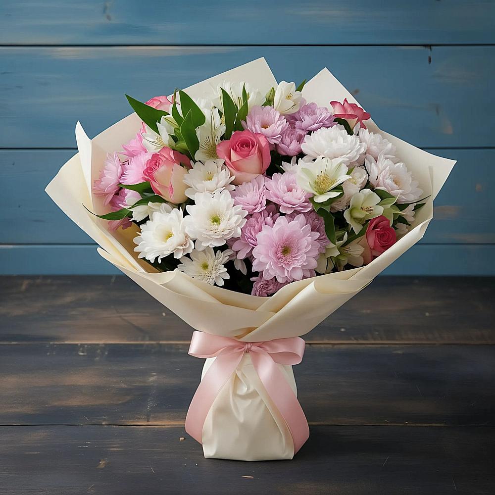 Букет цветов из: Хризантемы, Альстромерии и Розы в Сосново-Озерском